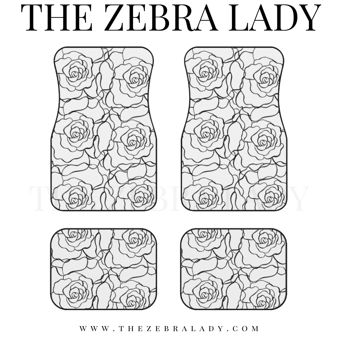 Black Outline Roses White Car Floor Mats