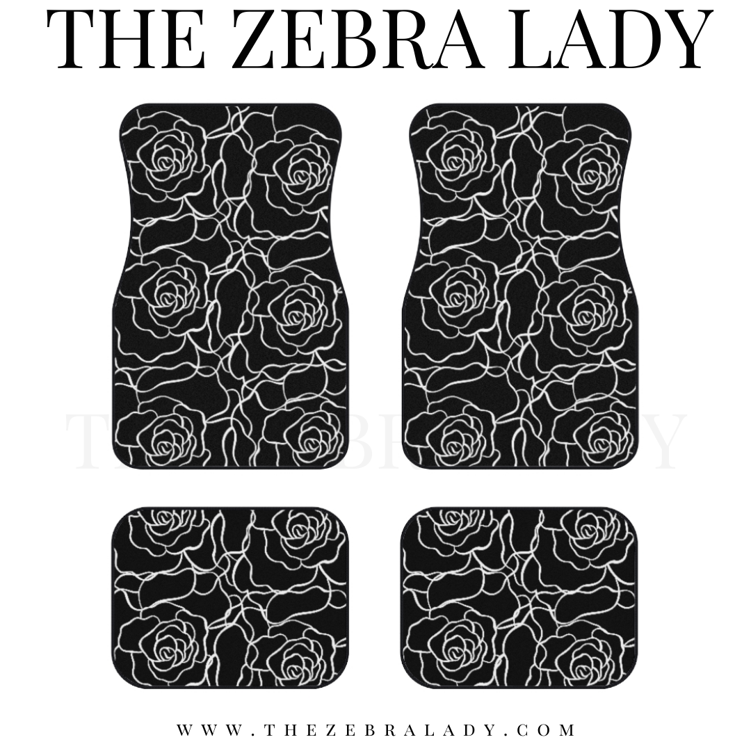 White Outline Roses Black Car Floor Mats