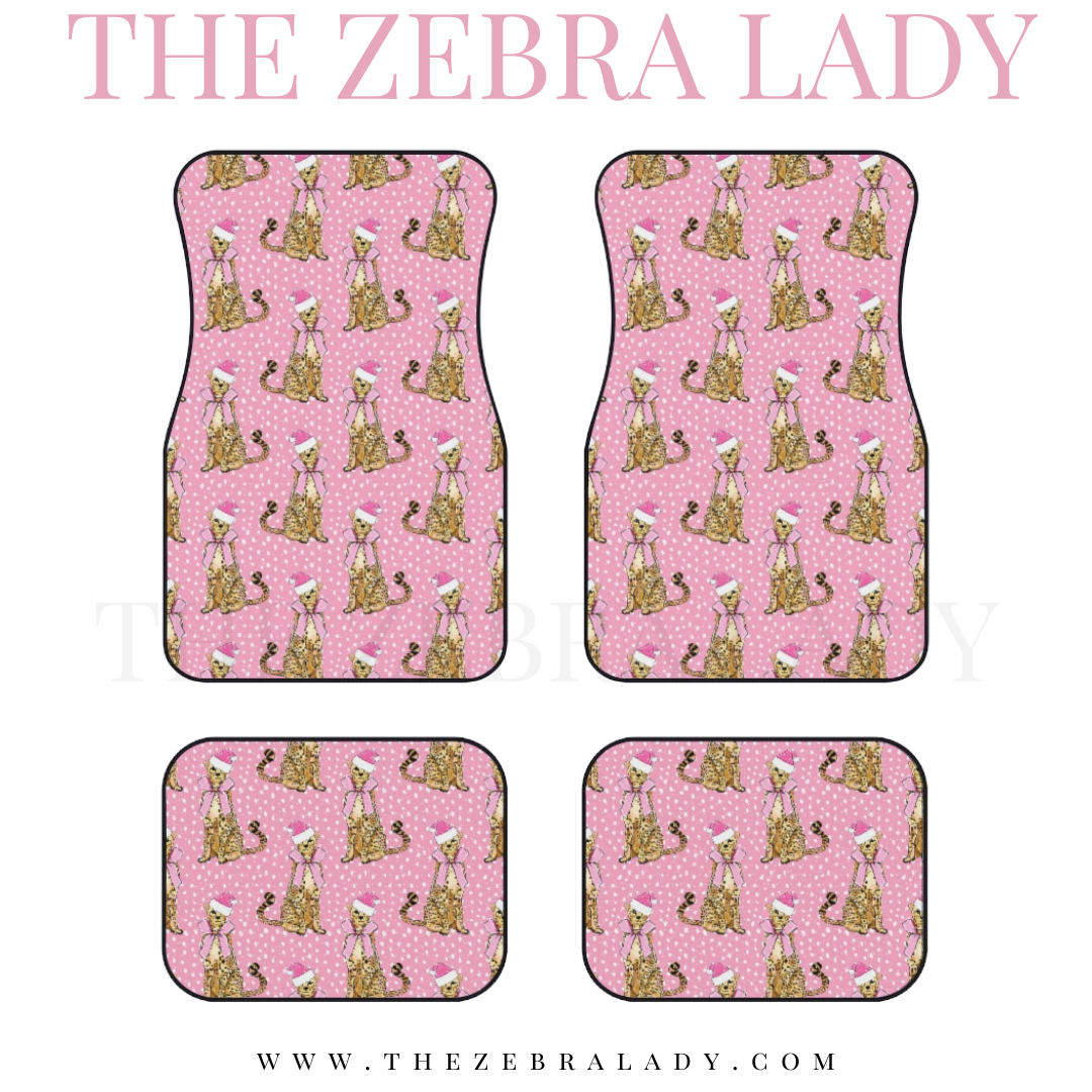 Preppy Pink Santa hat Leopard Car Floor Mats