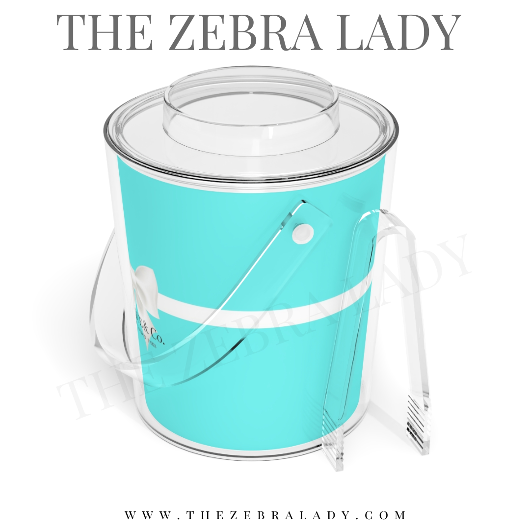 Personalized Breakfast at Tiffany's Aqua White Bow Ice Bucket with Tongs
