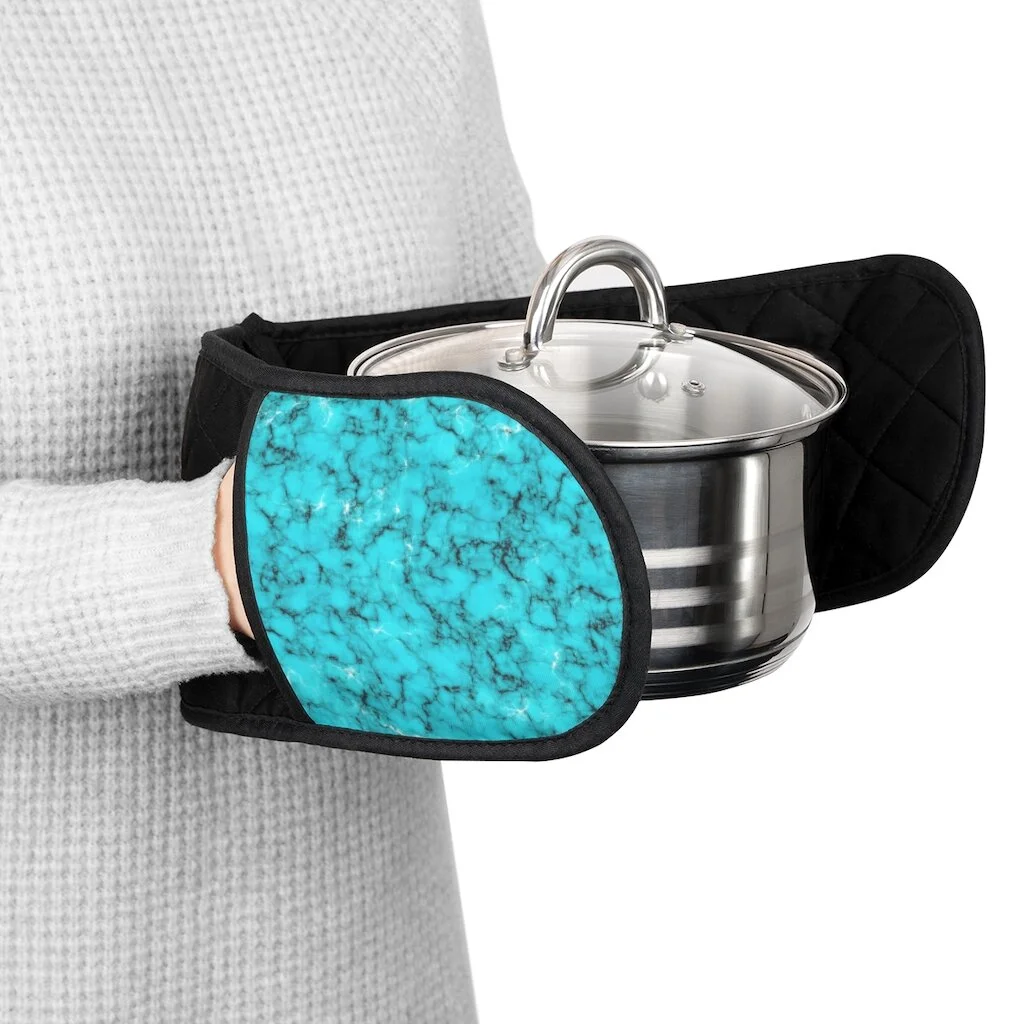 Turquoise Marble Black Oven Mitts