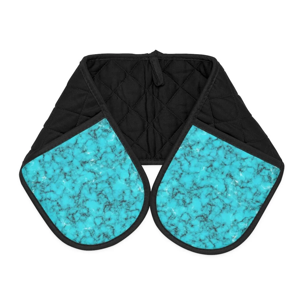 Turquoise Marble Black Oven Mitts