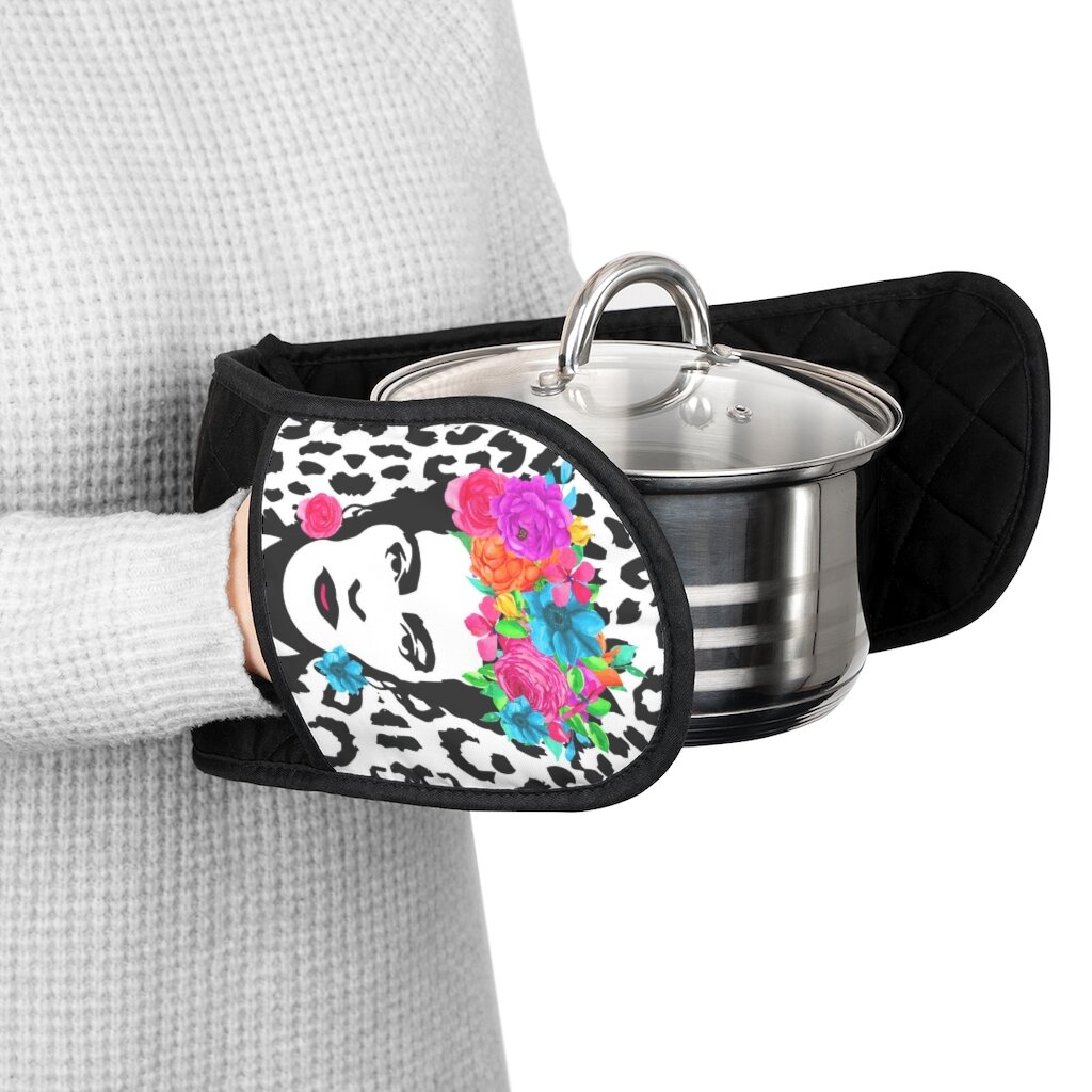 Frida Flowers Leopard Black Oven Mitts