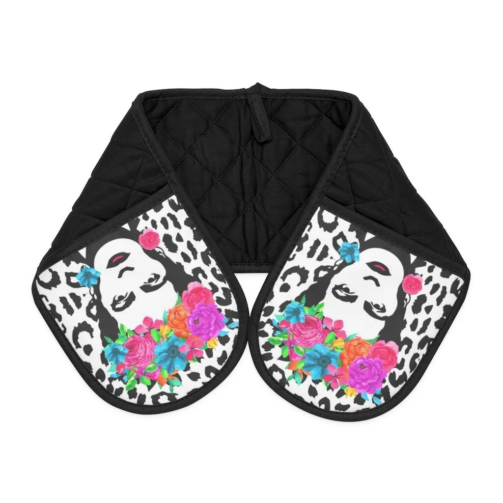 Frida Flowers Leopard Black Oven Mitts