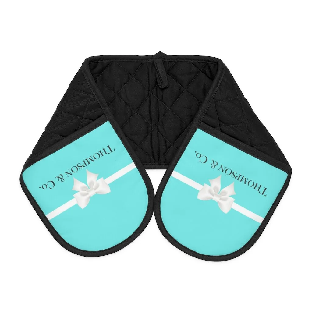 Personalized Breakfast at Tiffany's Aqua Black Oven Mitts
