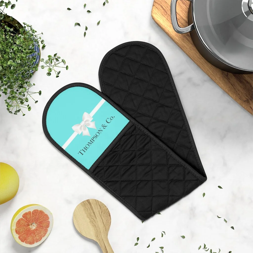 Personalized Breakfast at Tiffany's Aqua Black Oven Mitts