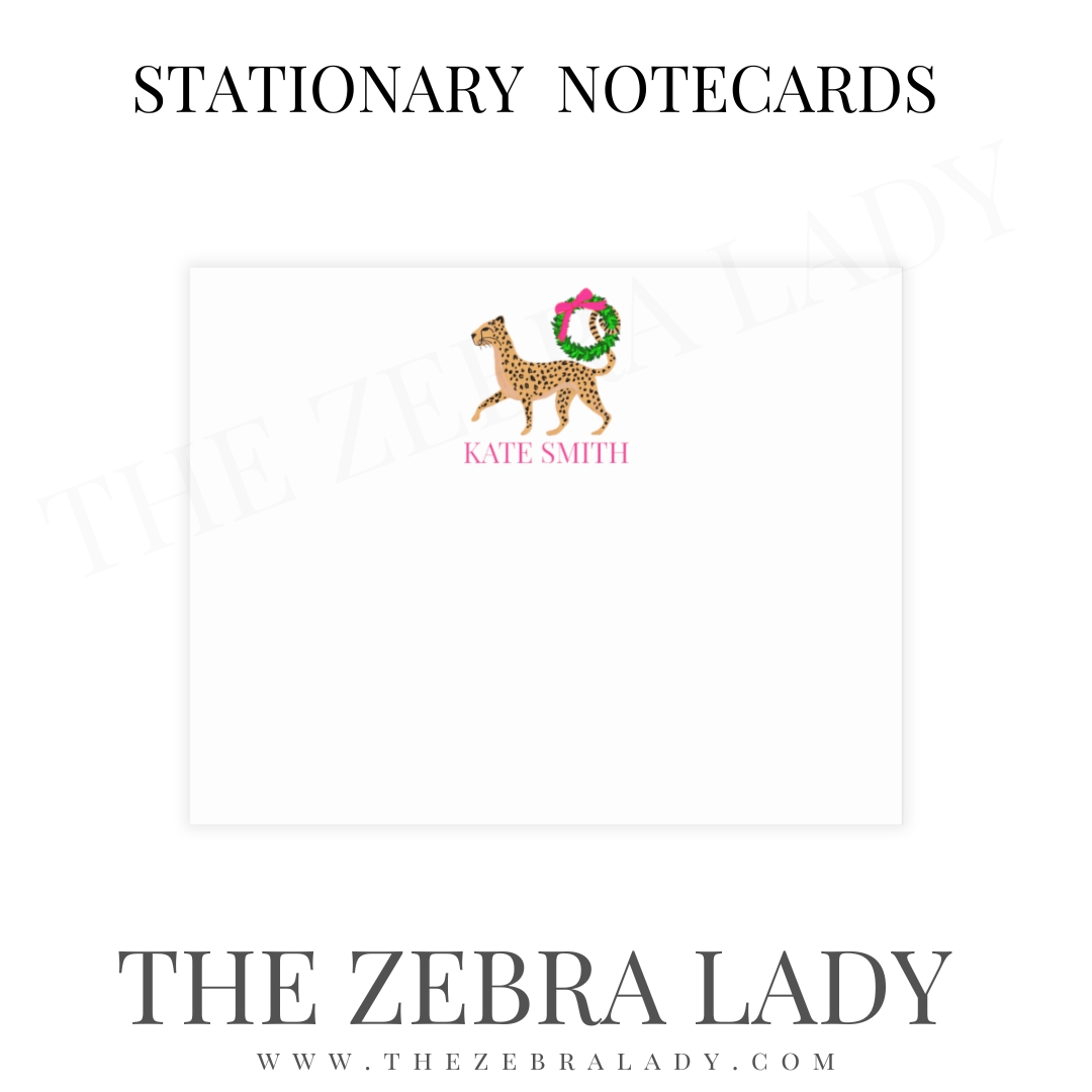 Preppy Cheetah Christmas Wreath Notecards Personalized