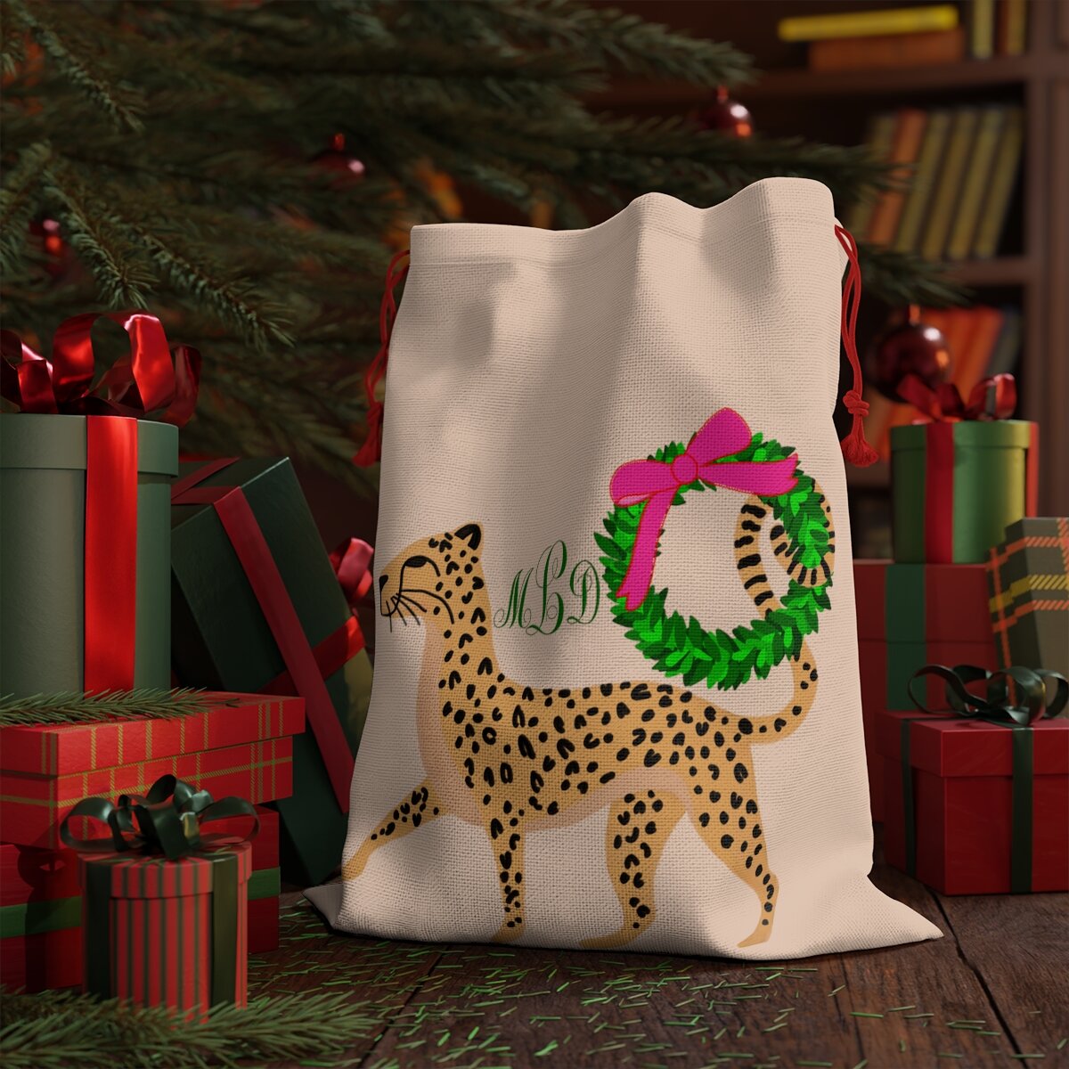 Preppy Cheetah Christmas Wreath Santa Bag Personalized