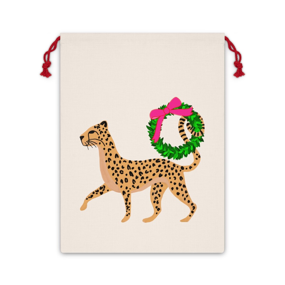 Preppy Cheetah Christmas Wreath Santa Bag