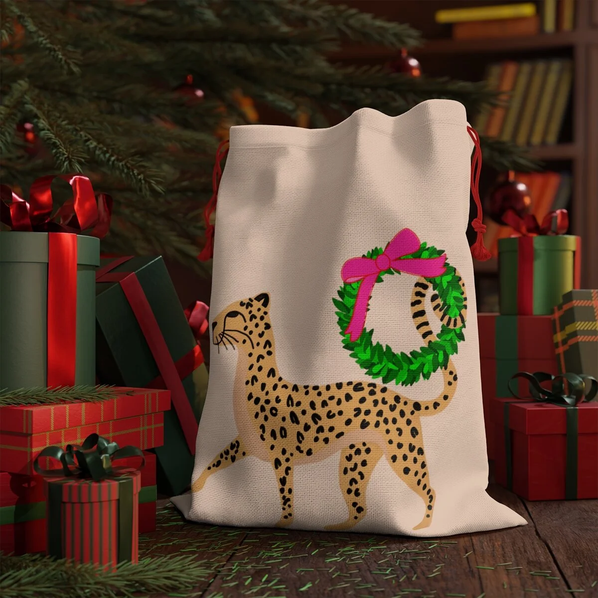 Preppy Cheetah Christmas Wreath Santa Bag