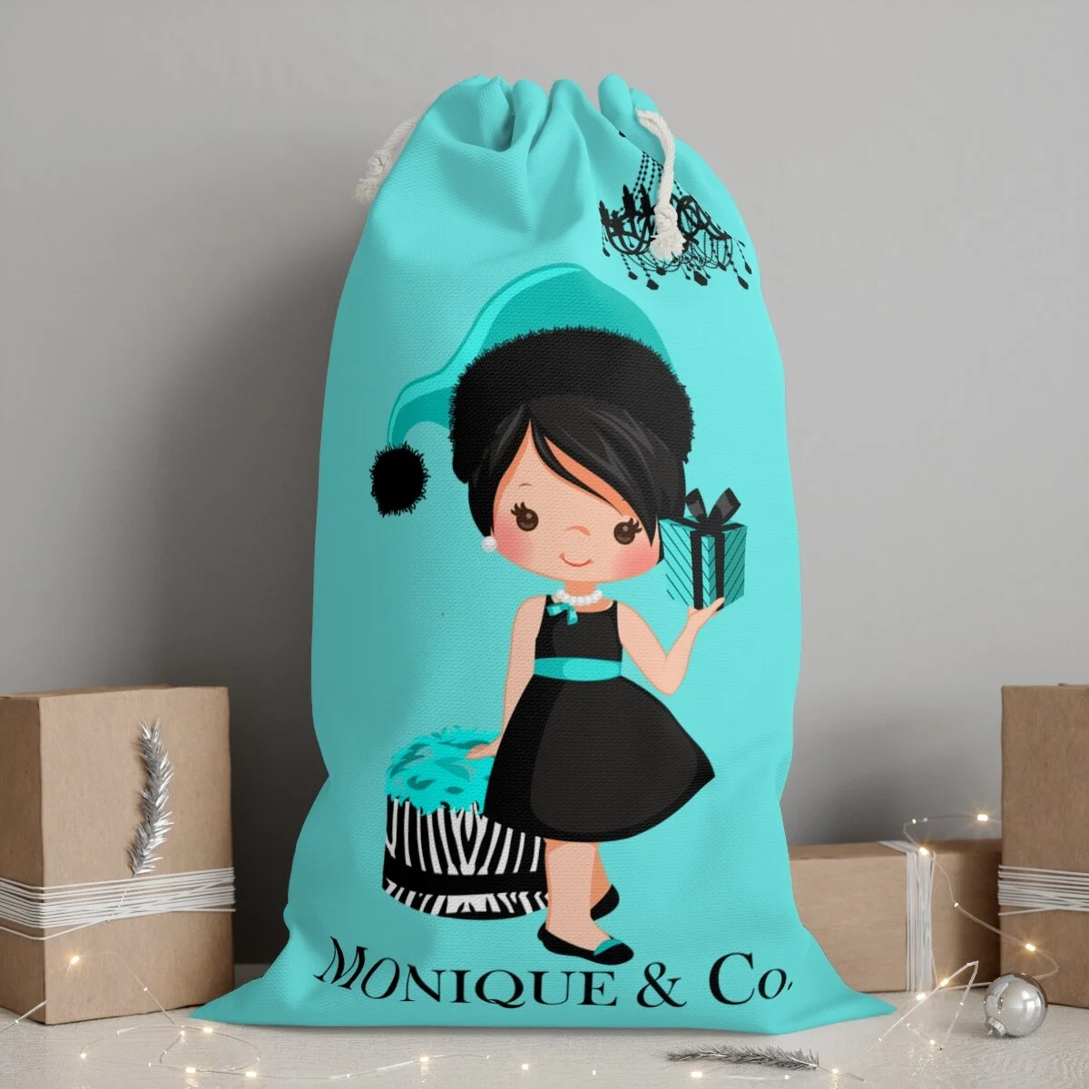 Cute Girl Breakfast at Tiffany's Christmas Santa Bag Personalized