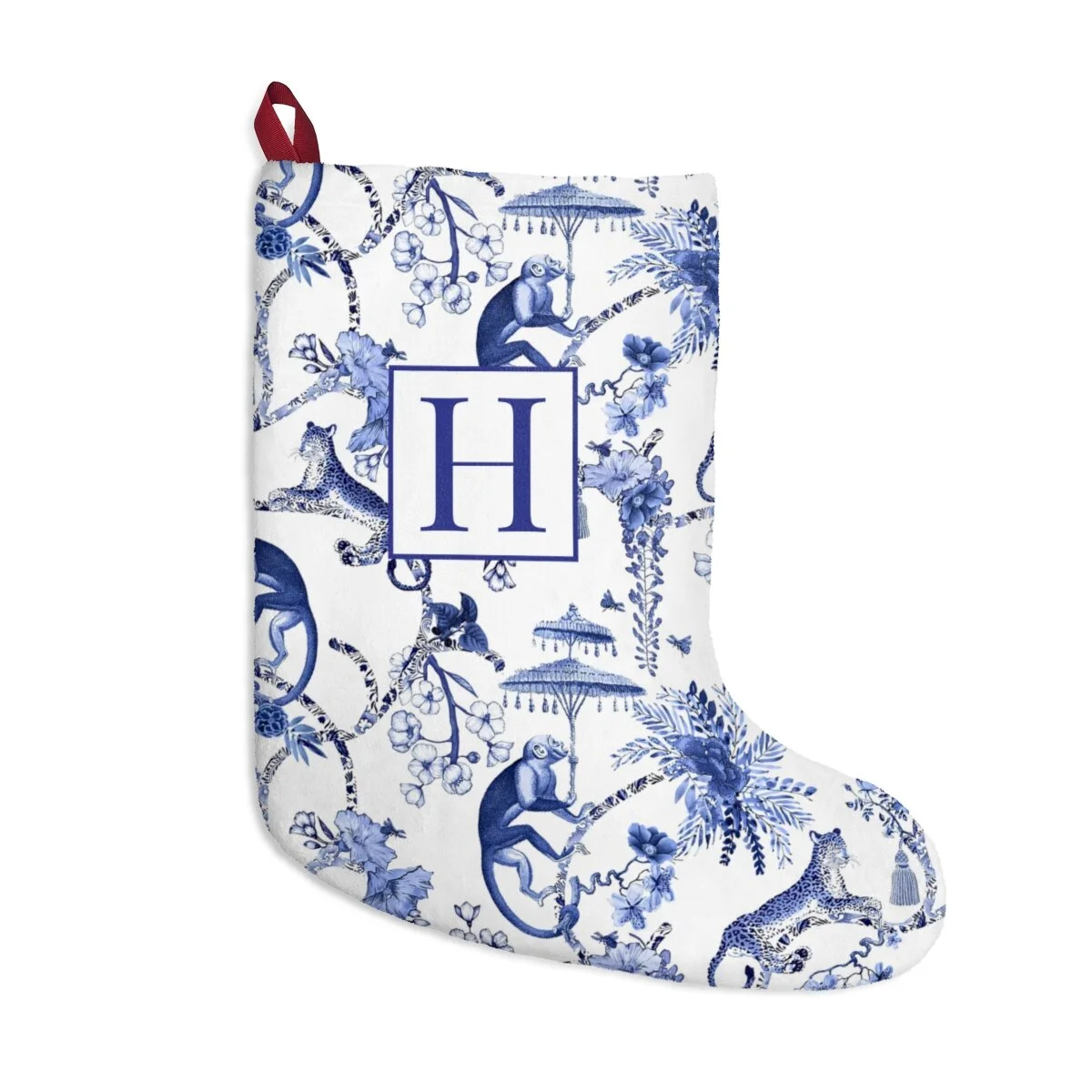 Preppy Chinoiserie Monkey and Leopard Personalized Christmas Stockings TheZebralady.com