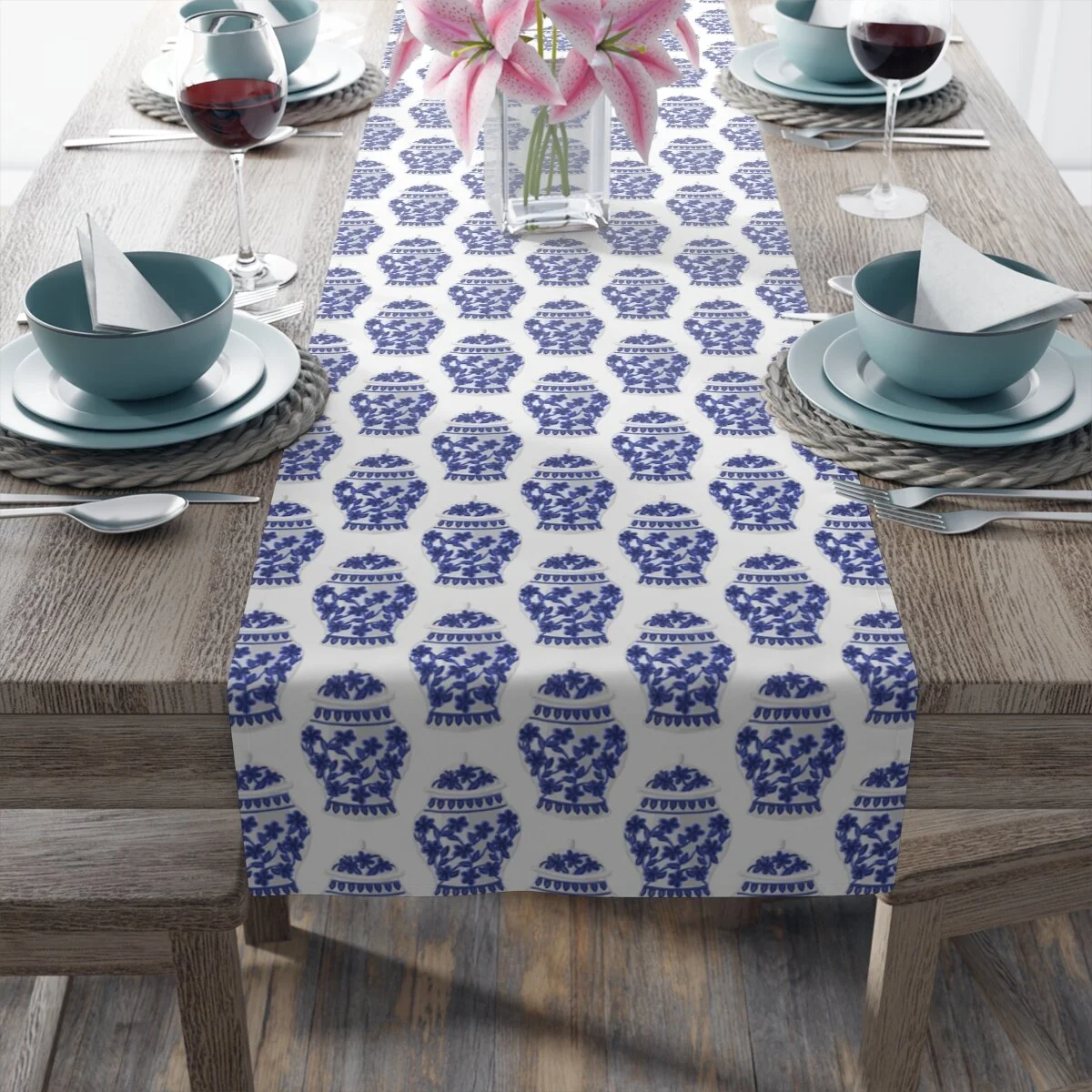 Preppy Chinoiserie Ginger Jars Table Runner