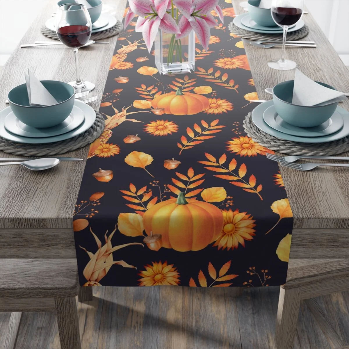 Harvest Pumpkins Deep Navy Table Runner
