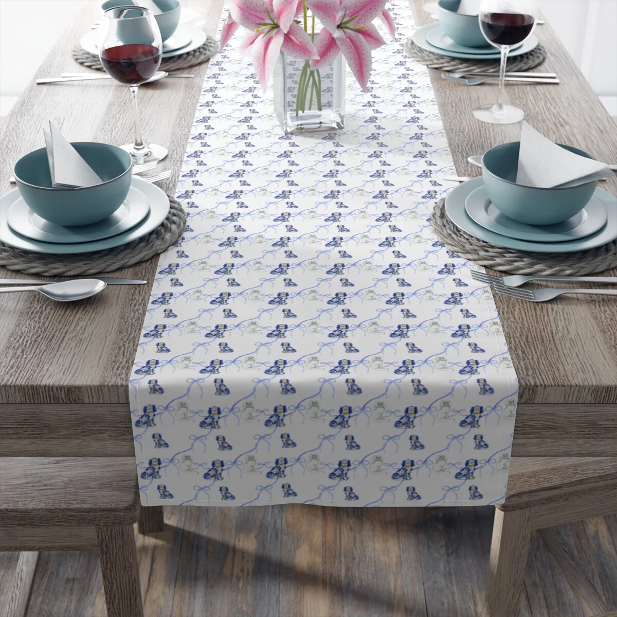 Preppy Chinoiserie Staffordshire Dogs Table Runner