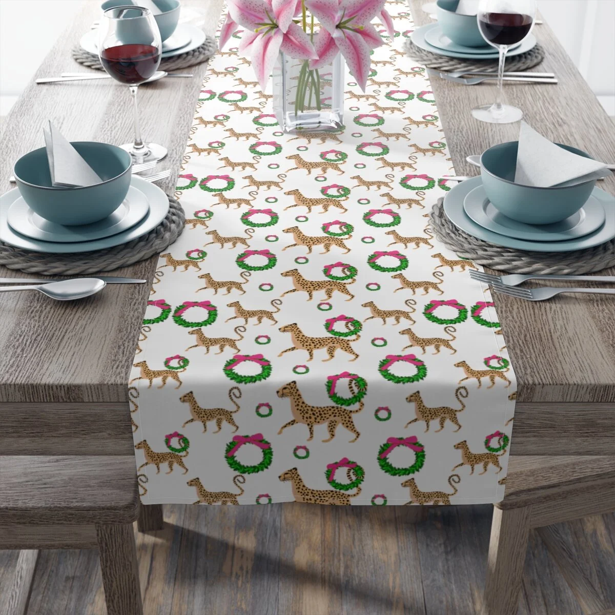Preppy Cheetah Boxwood Wreath Christmas Table Runner