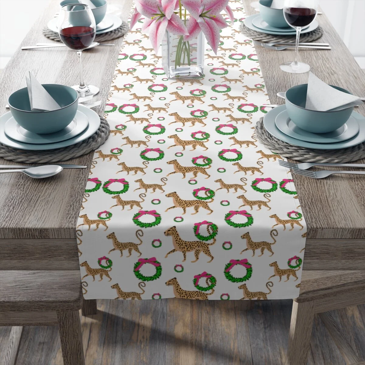 Preppy Cheetah Boxwood Wreath Christmas Table Runner