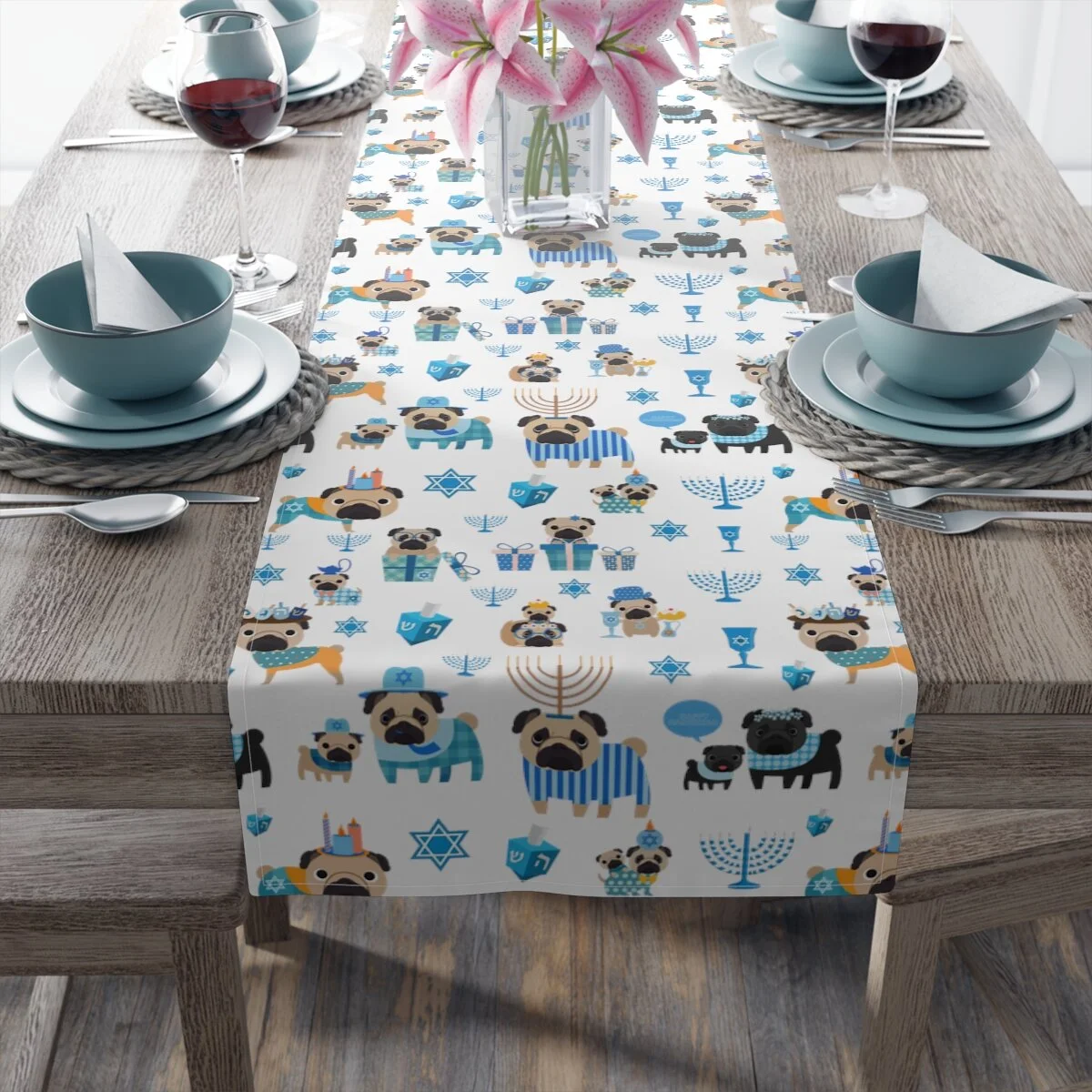 Shabbark Shalom Pugs Hanukkah Table Runner