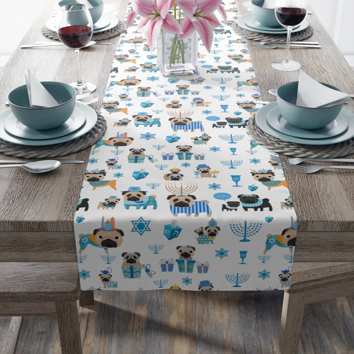 Shabbark Shalom Pugs Hanukkah Table Runner