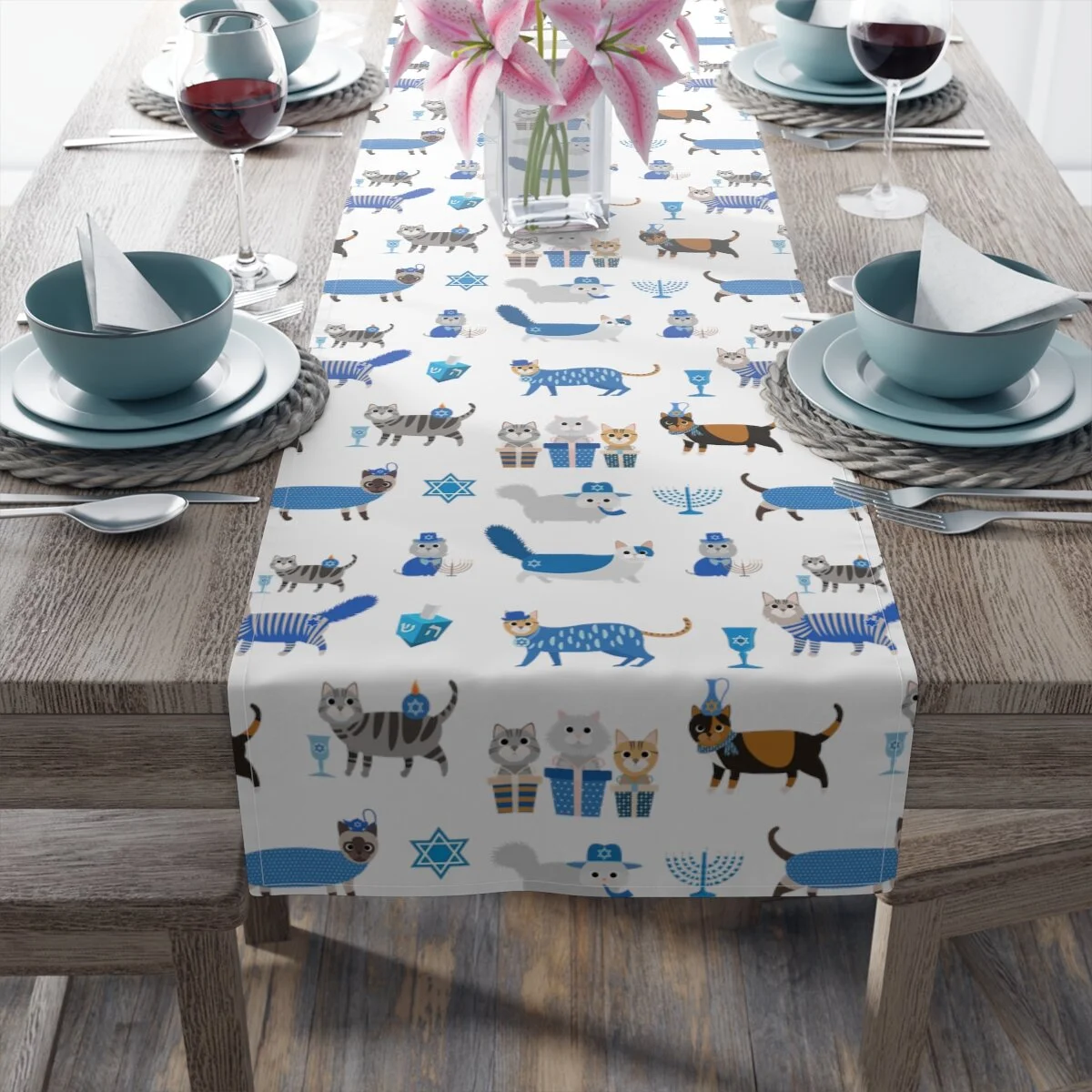 Meowzel Tov Cats Hanukkah Table Runner