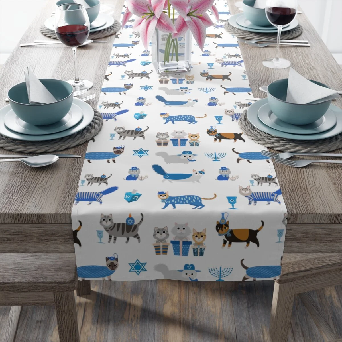 Meowzel Tov Cats Hanukkah Table Runner