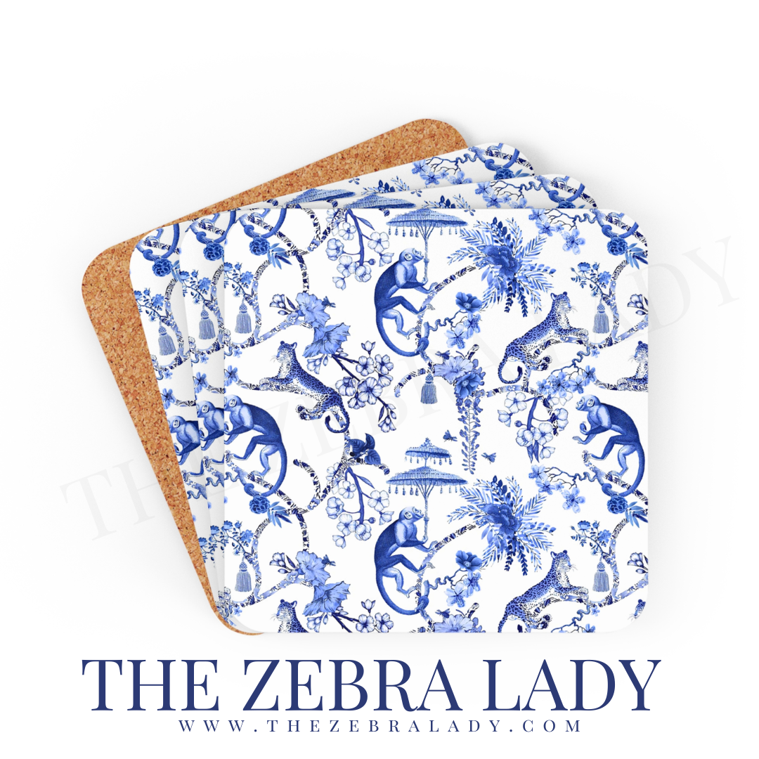 Preppy Chinoiserie Monkey and Leopard Coaster Cork