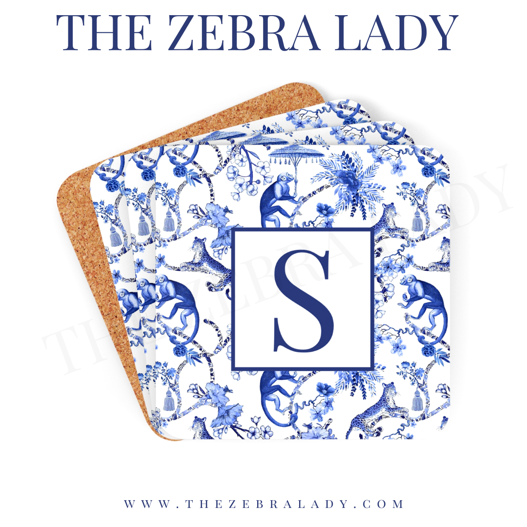 Preppy Chinoiserie Monkey and Leopard  Personalized Coaster Cork