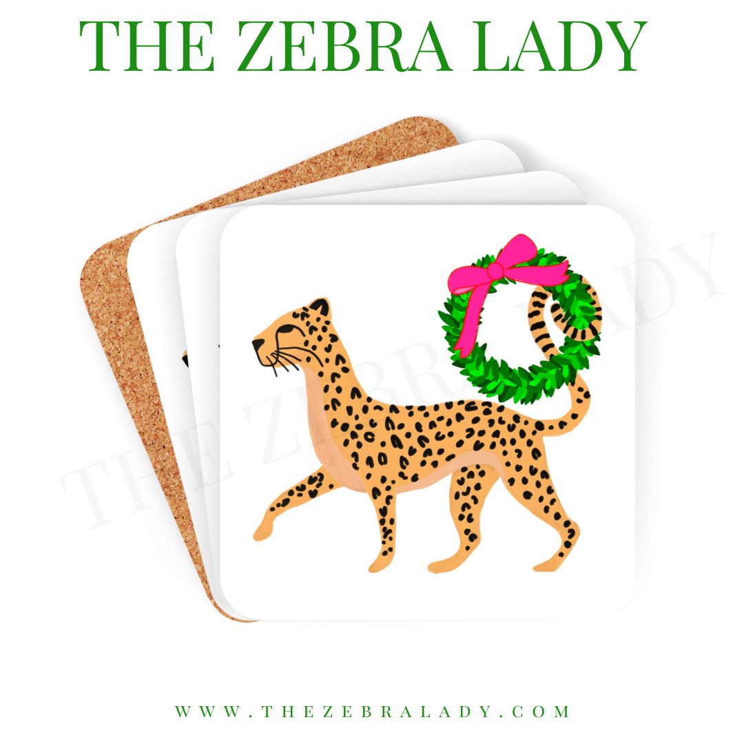 Preppy Cheetah Boxwood Wreath Coaster Cork