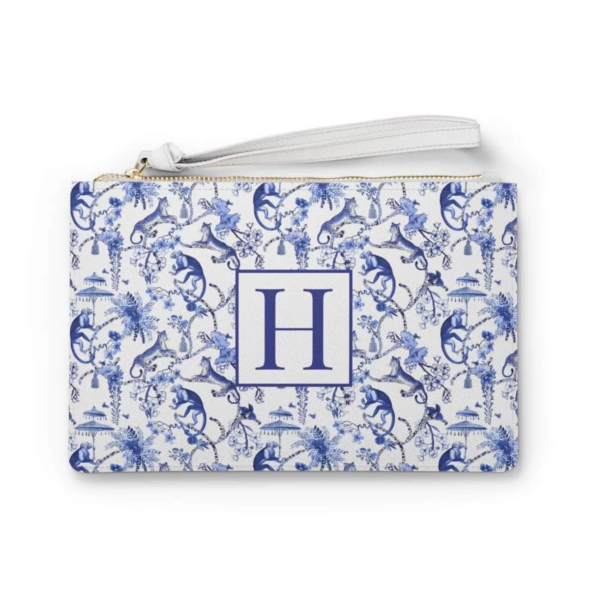 Preppy Chinoiserie Monkey and Leopard Vegan Clutch Bag Personalized