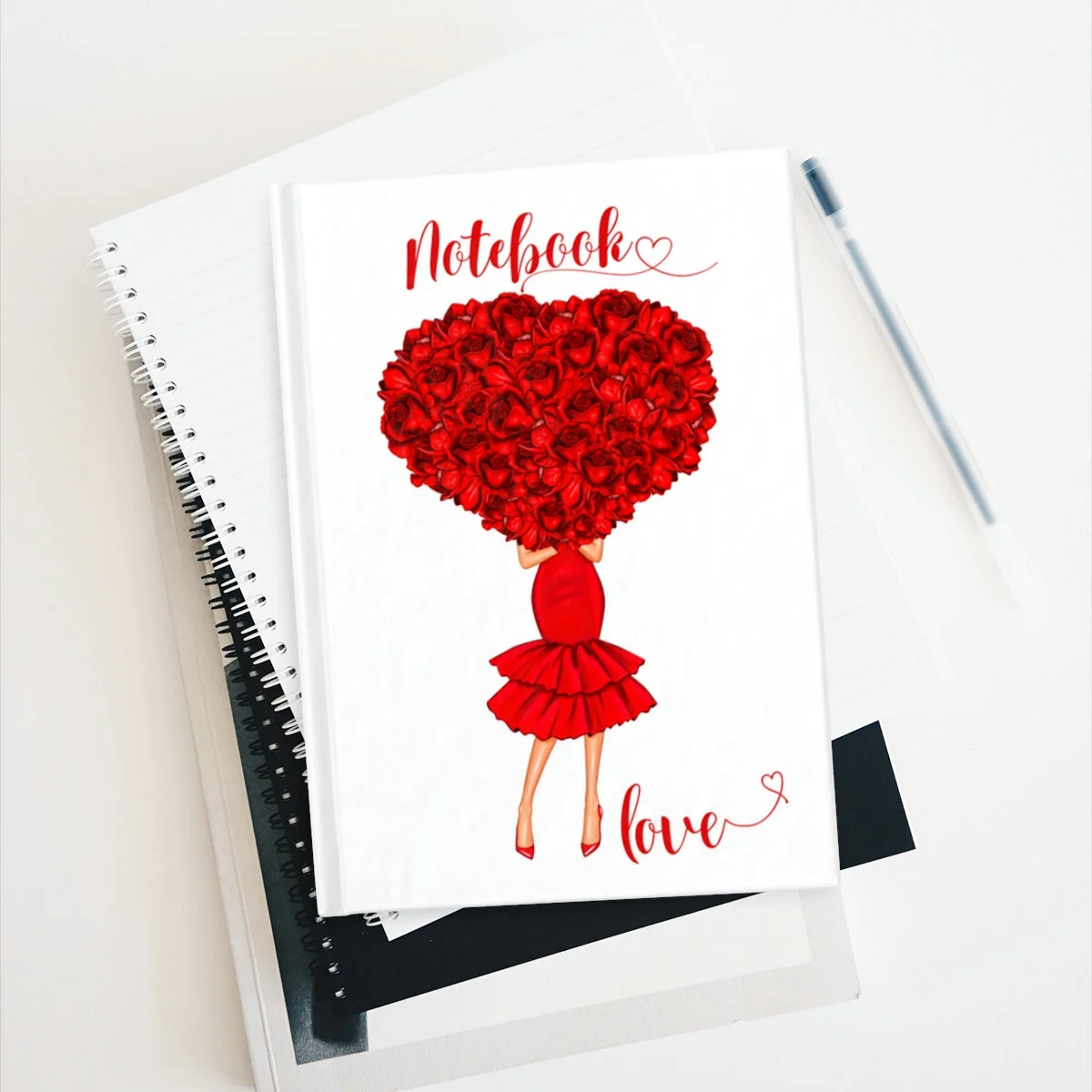 Red Rose Hearts Girl Illustration Journal Ruled Line