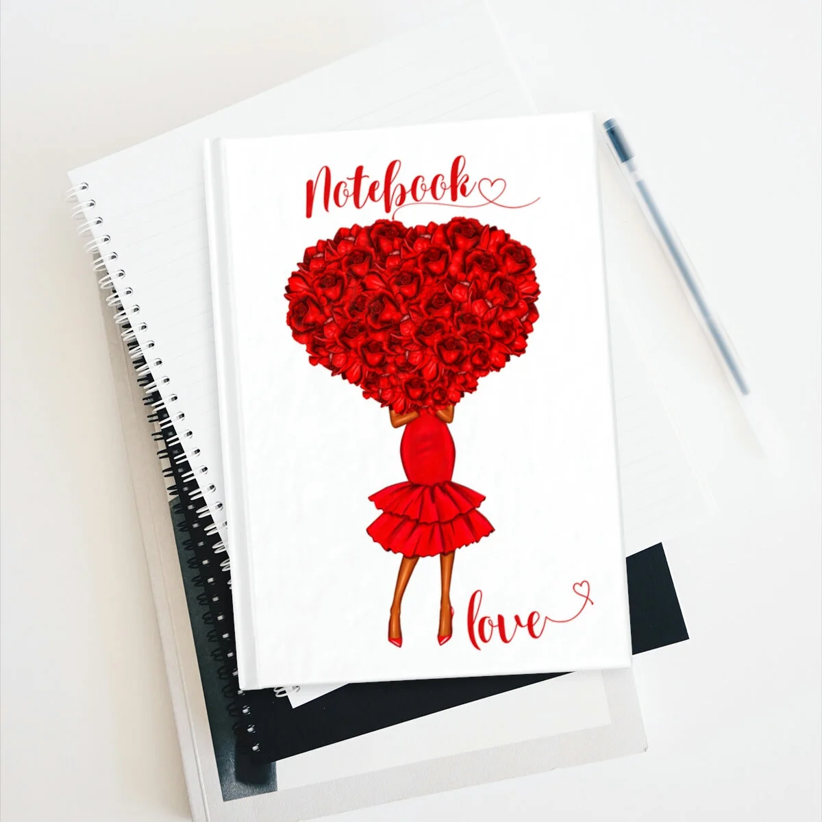 Red Rose Hearts Girl Illustration African American Journal Ruled Line