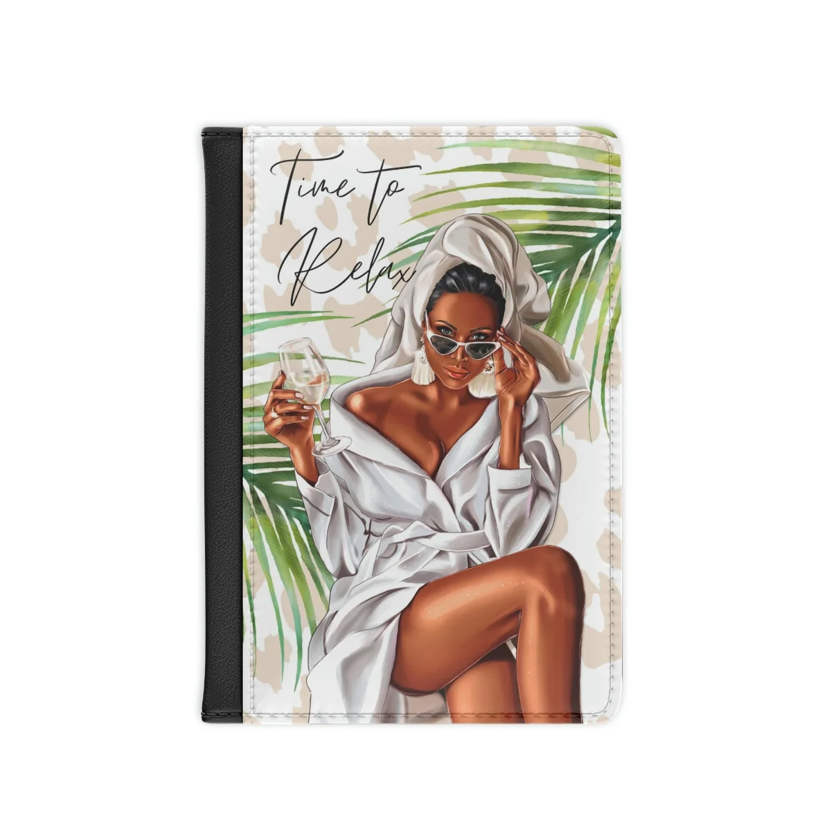 Spa and Wine Time to Relax Palms Leopard African American Passport Cover THEZEBRALADY.com