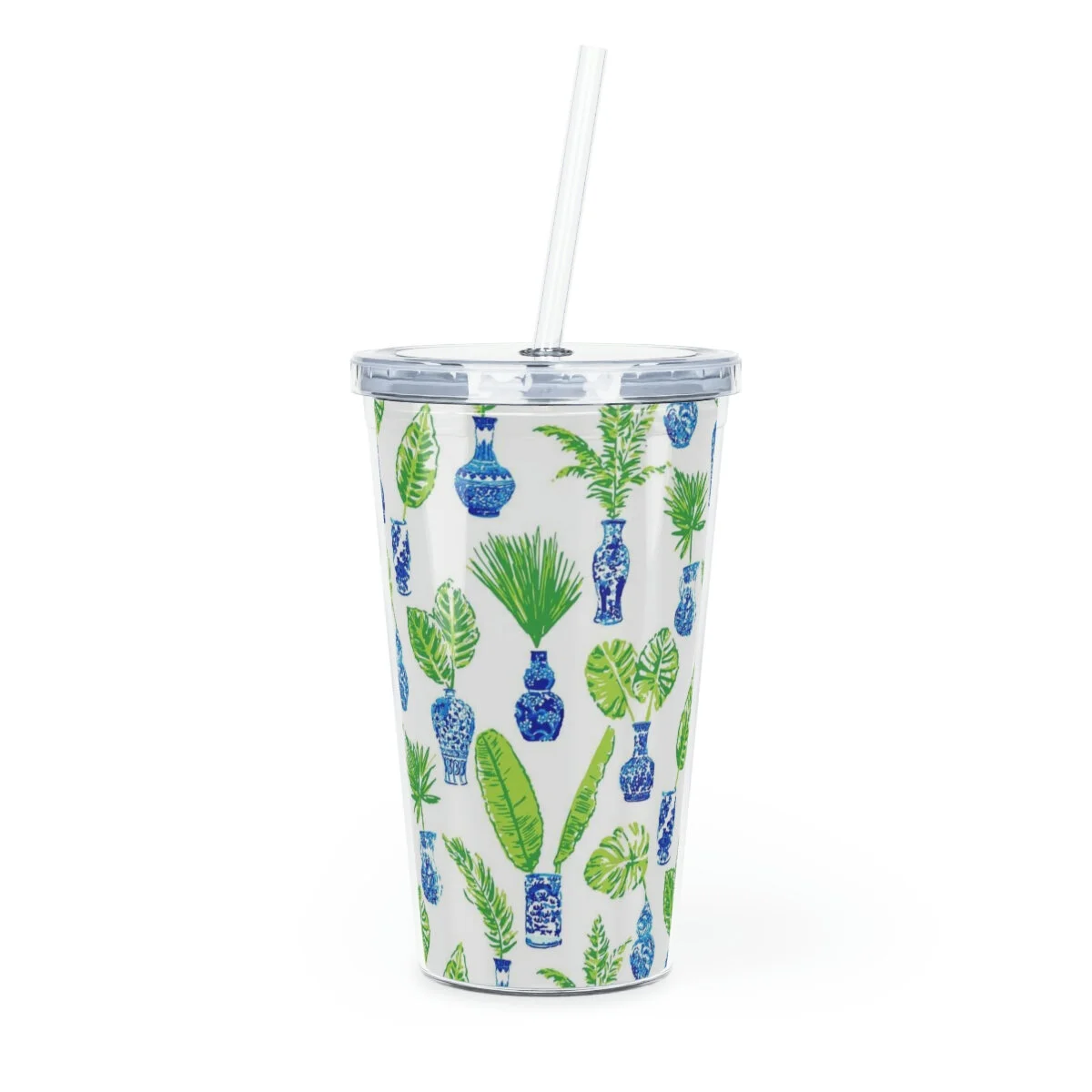 Preppy Blue Vase and Palms Plastic Tumbler with Straw