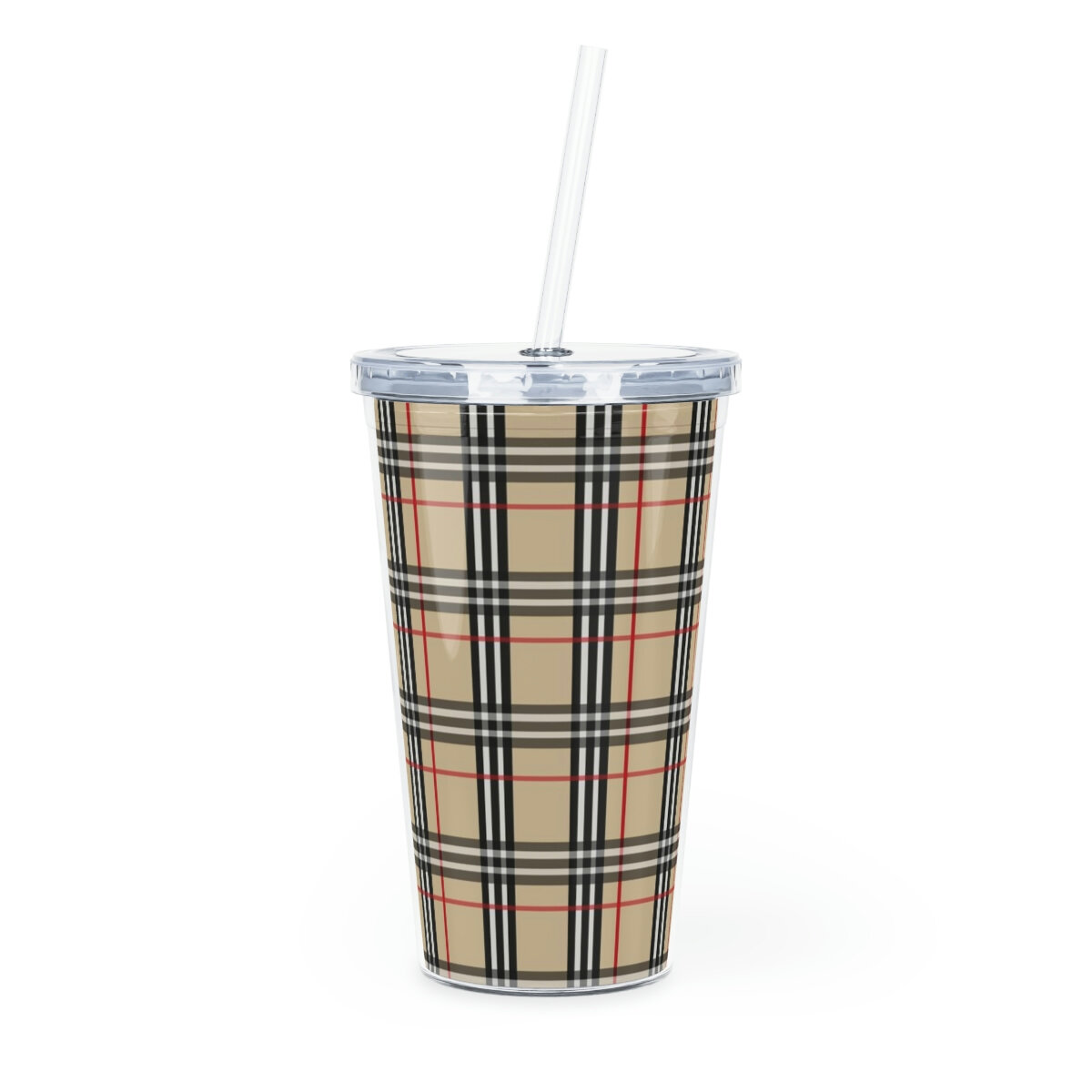 Fashion Tan Plaid Plastic Tumbler with Straw