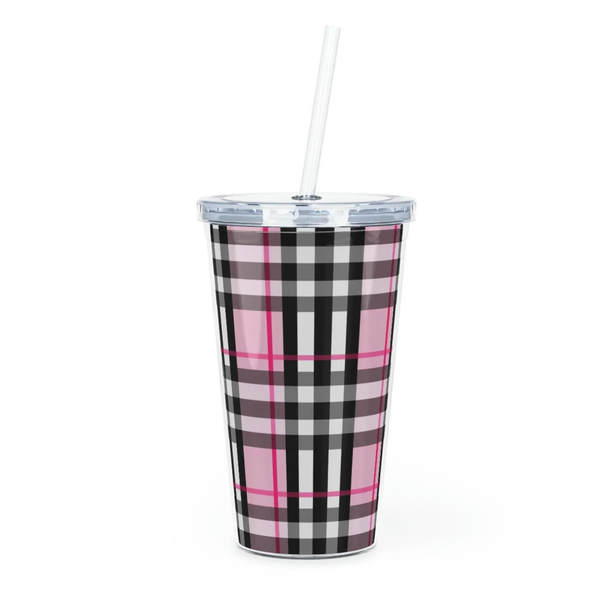 Fashion Pink Plaid Plastic Tumbler with Straw