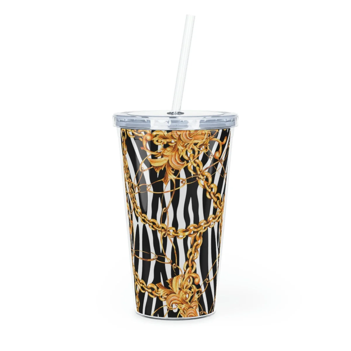 Fashion Zebra Gold Chains Baroque Fleur Plastic Tumbler with Straw
