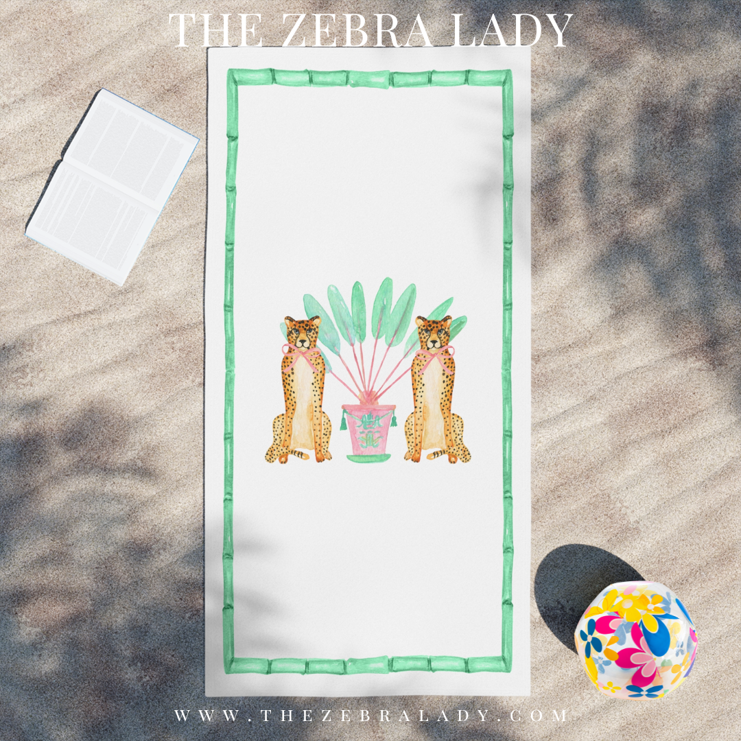 Preppy Green Chinoiserie Cheetah Leopard Beach Towel