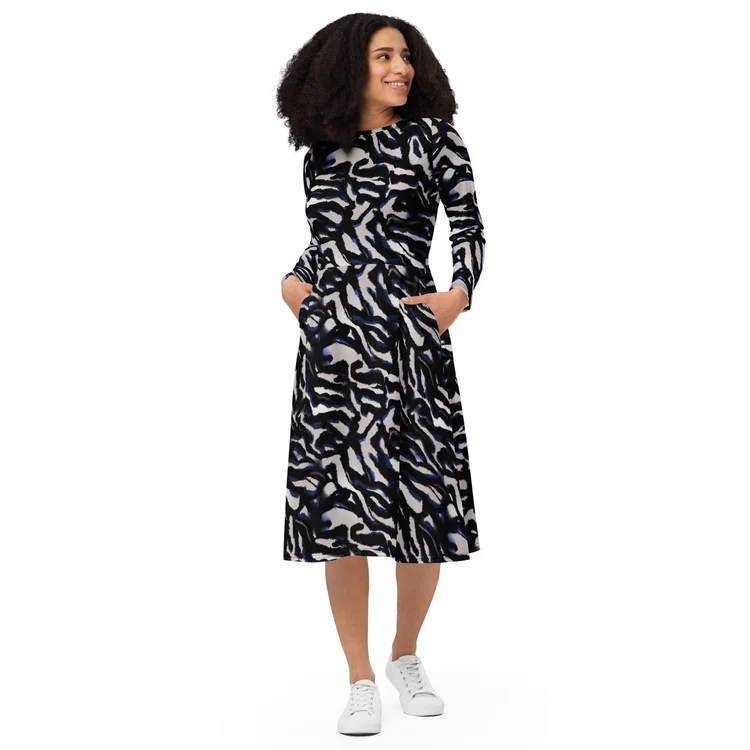 chinese dress ladies Doodle Print White and Black Long Sleeve Mesh Midi-Maxi Dress by Another Girl Xs main image 0