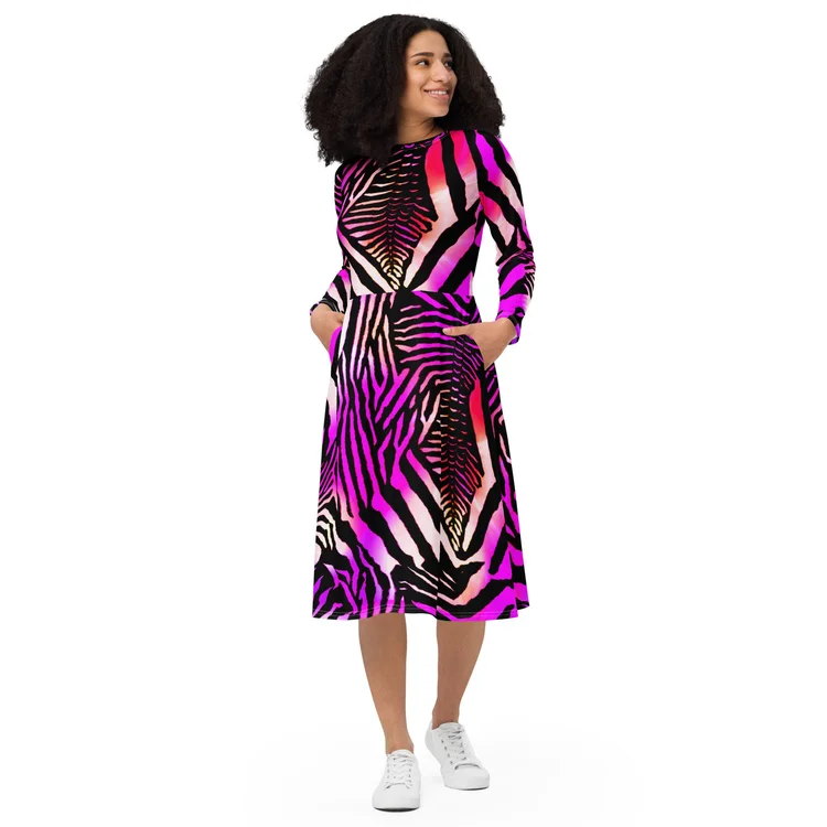 All-Over Print Long Sleeve Midi Dress  THE ZEBRA LADY