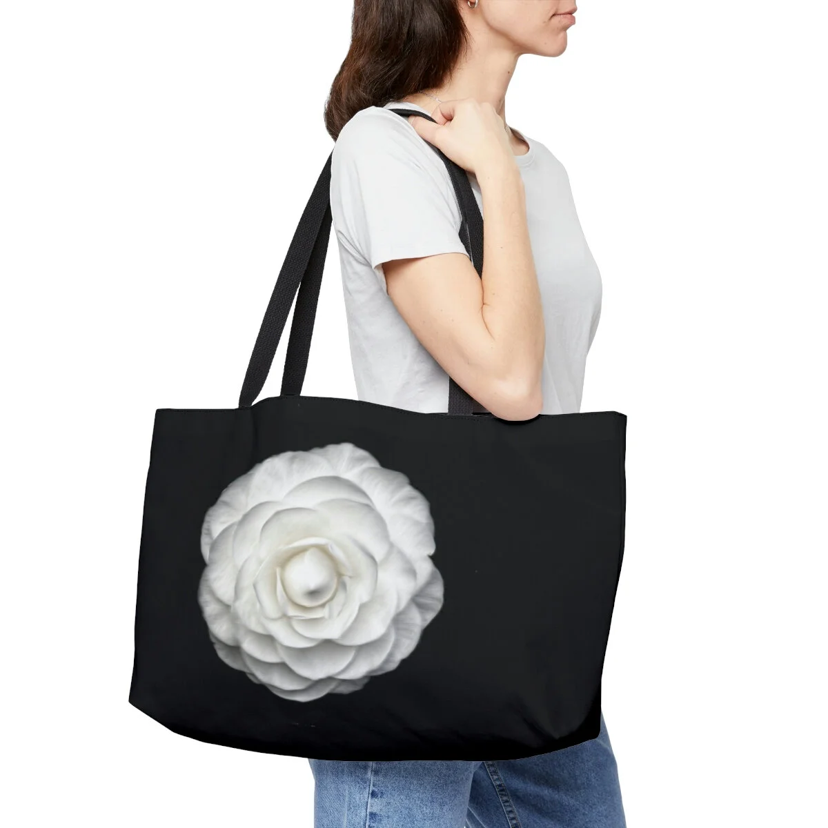 White Rose Camellia Black Weekender Tote Bag