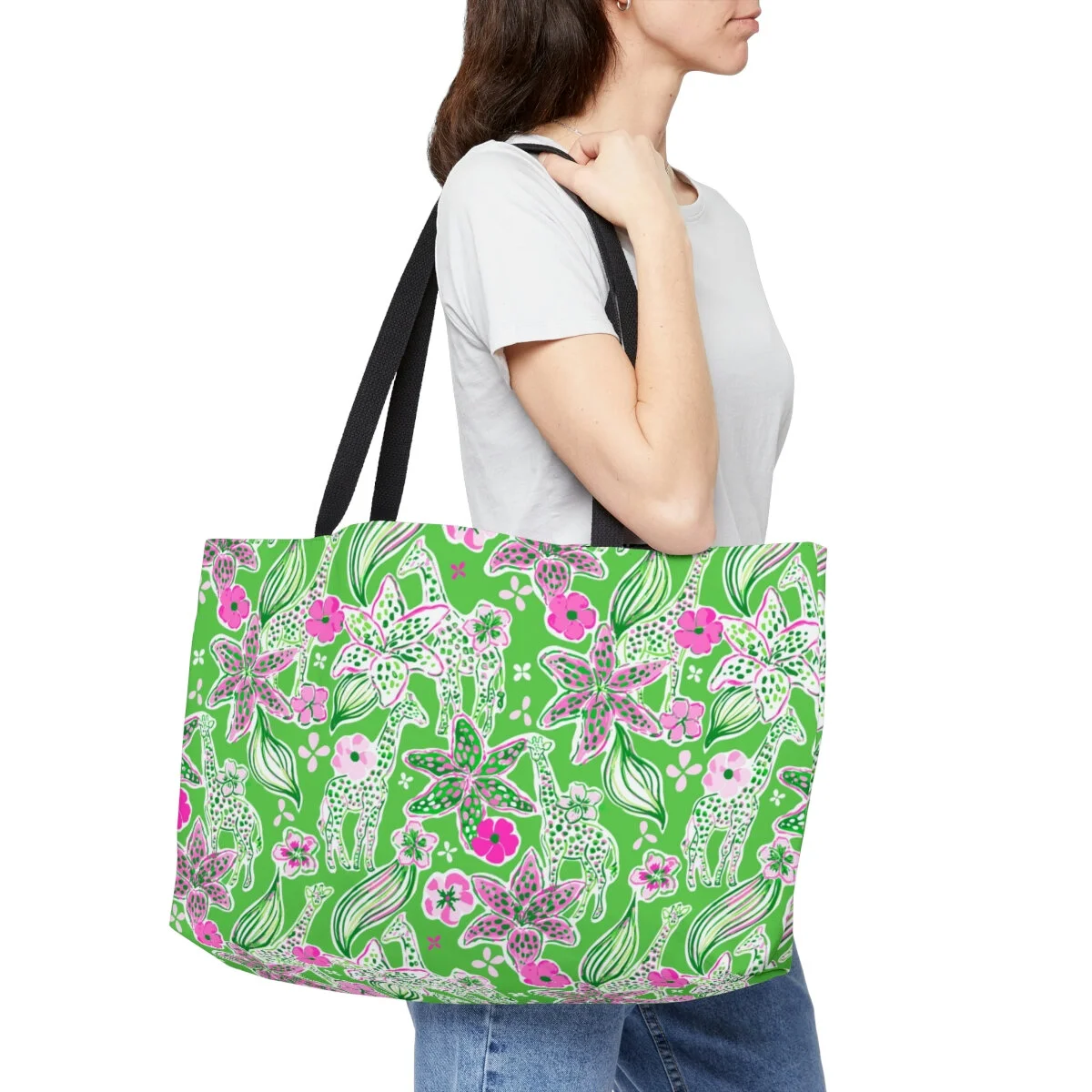 Preppy Green Pink Giraffe Weekender Tote Bag
