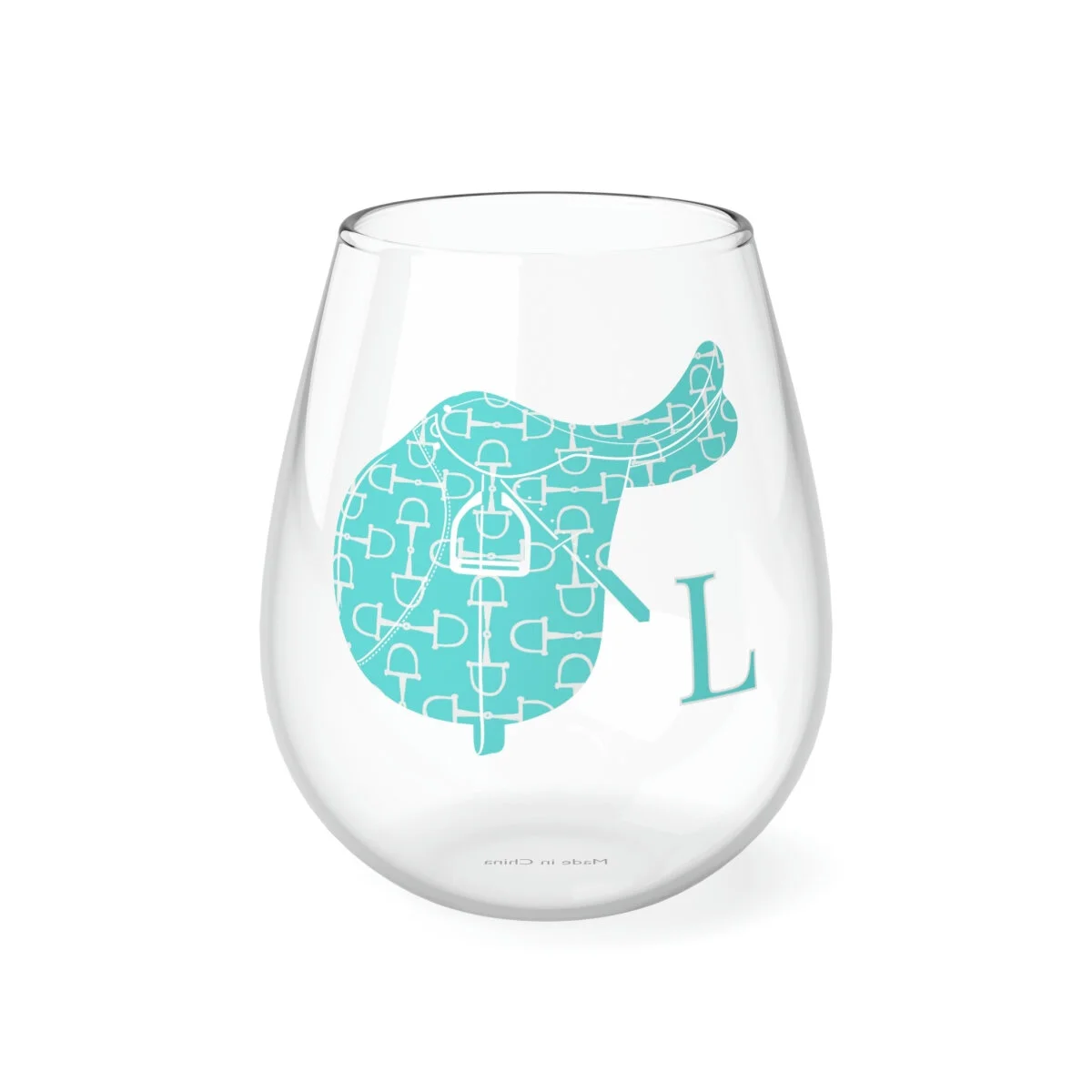 Equestrian English Saddle Breakfast at Tiffany's Aqua Personalized Stemless Wine Glass