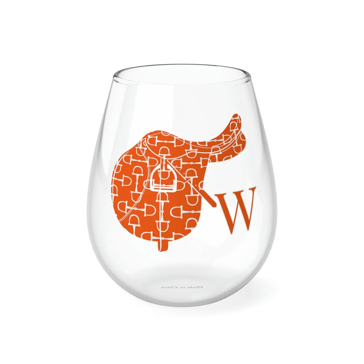Equestrian English Saddle Personalized Orange Stemless Wine Glass