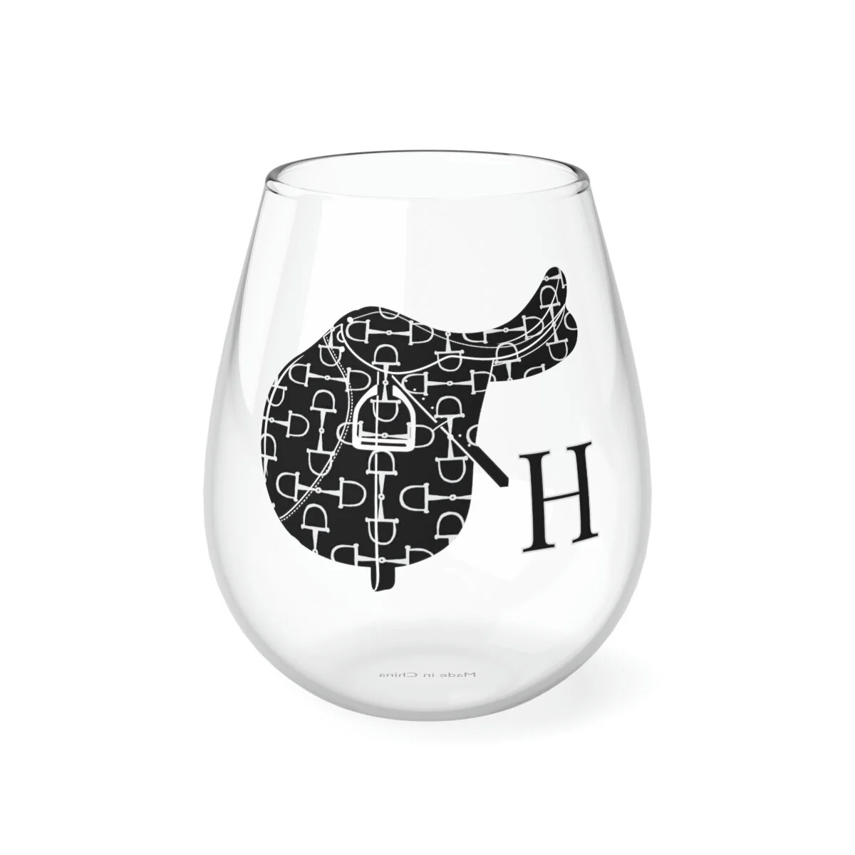 Equestrian English Saddle Black Personalized Stemless Wine Glass