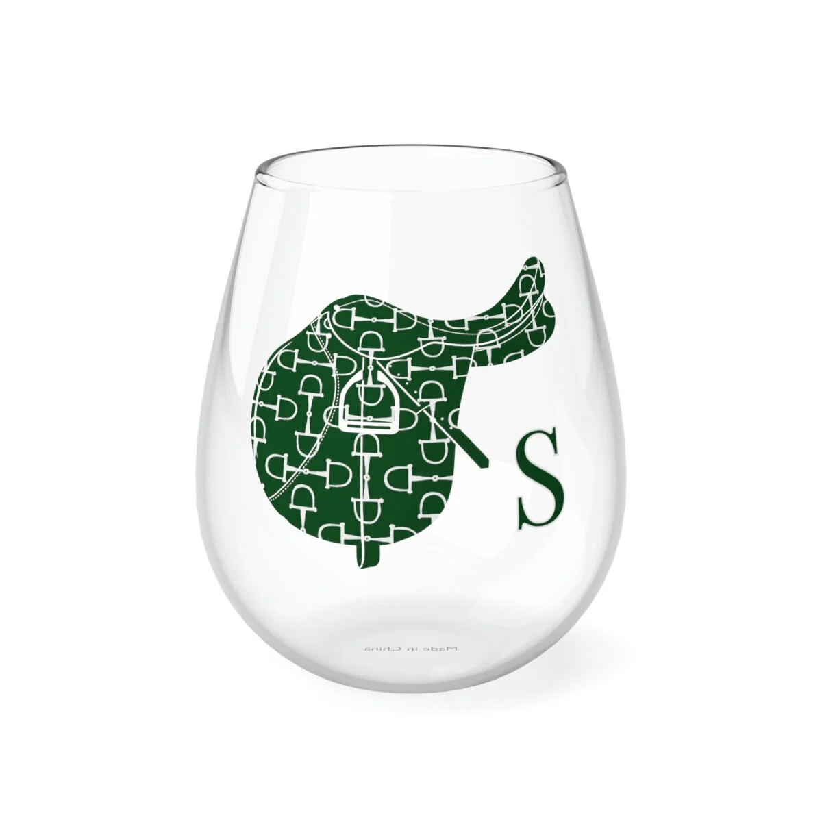 Equestrian English Saddle Personalized Green Stemless Wine Glass