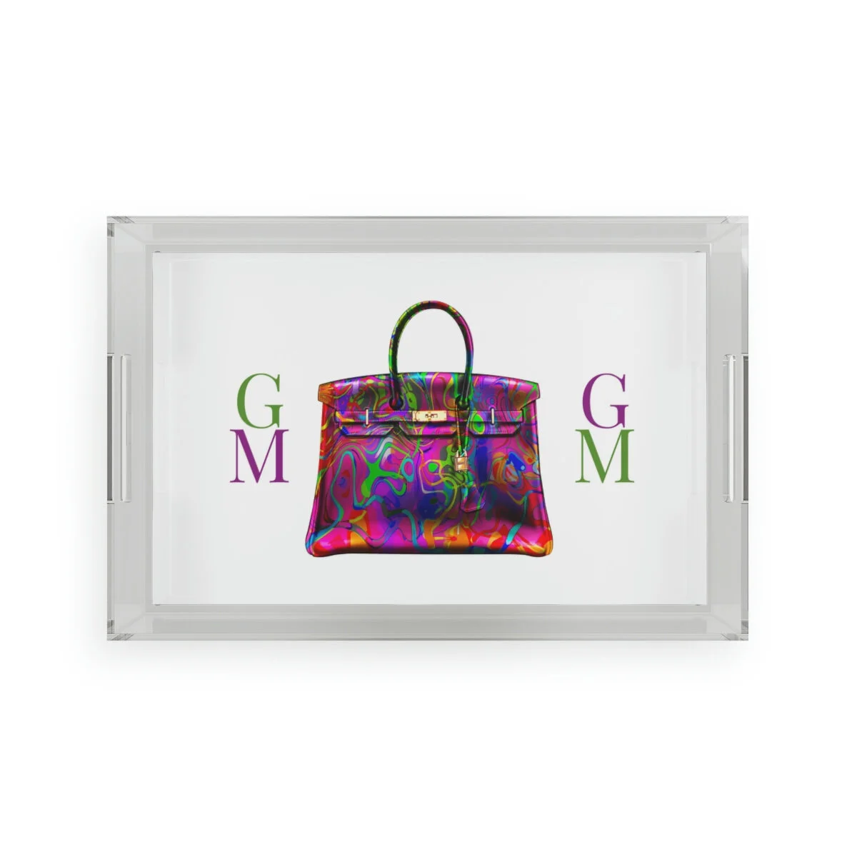 Abstract Fashion Padlock Tote Bag Personalized Acrylic Tray Purple Green