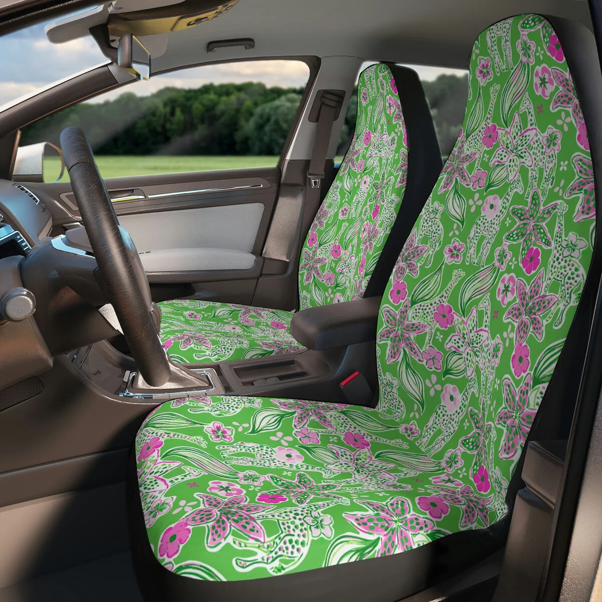 Preppy Green Pink Giraffe Polyester Car Seat Covers