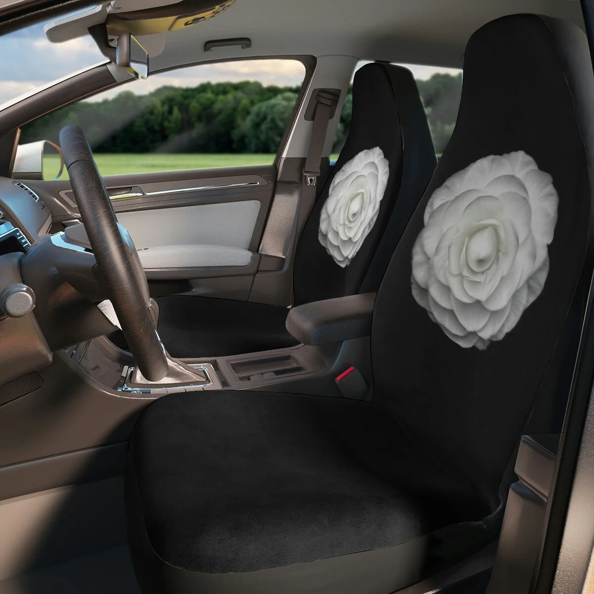 Coco Fashion White Camellia Rose Polyester Car Seat Covers