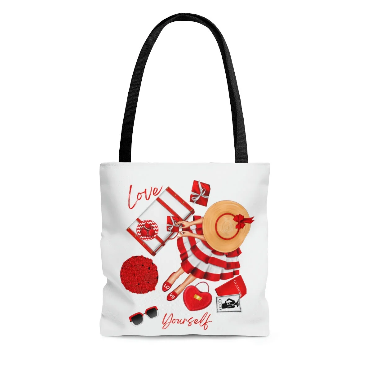 Love Yourself Red White Fashion Dress Girl Illustration Black Handle Tote