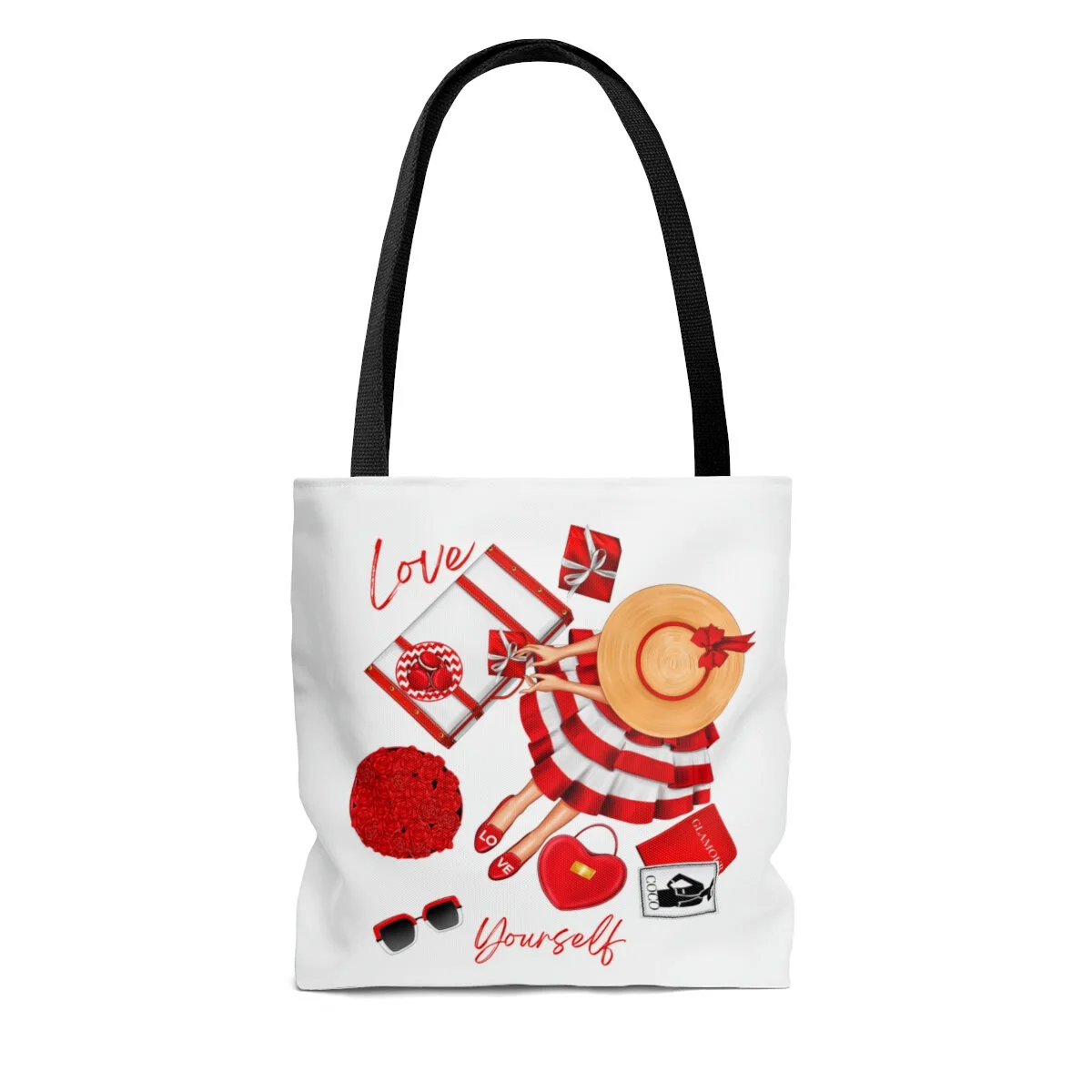 Love Yourself Red White Fashion Dress Girl Illustration Black Handle Tote